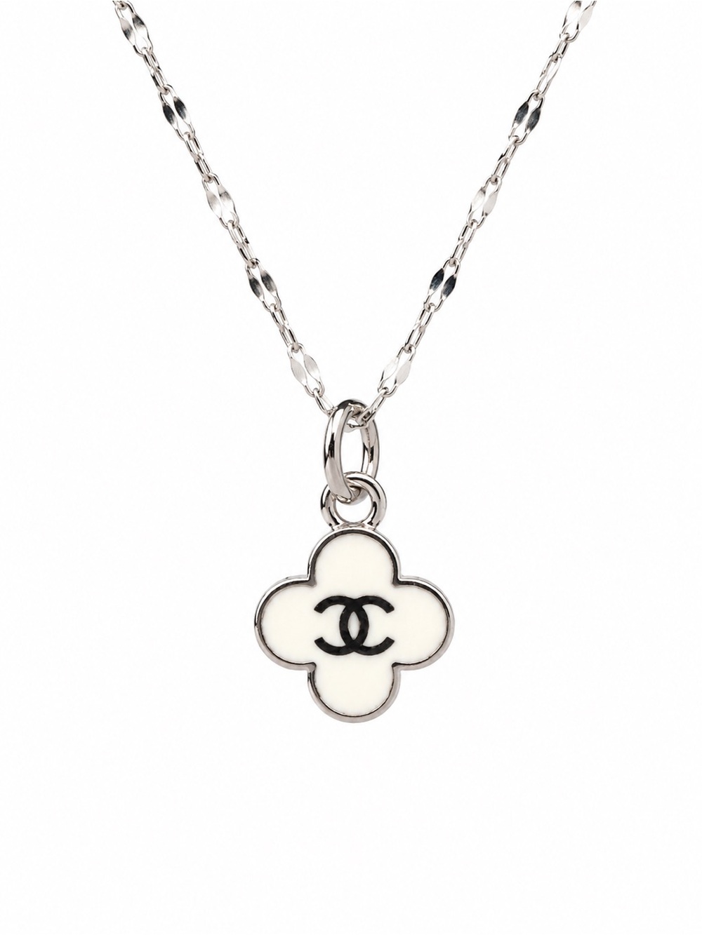 CHANEL White Enamel Clover Pendant Necklace with Silver-Tone Chain